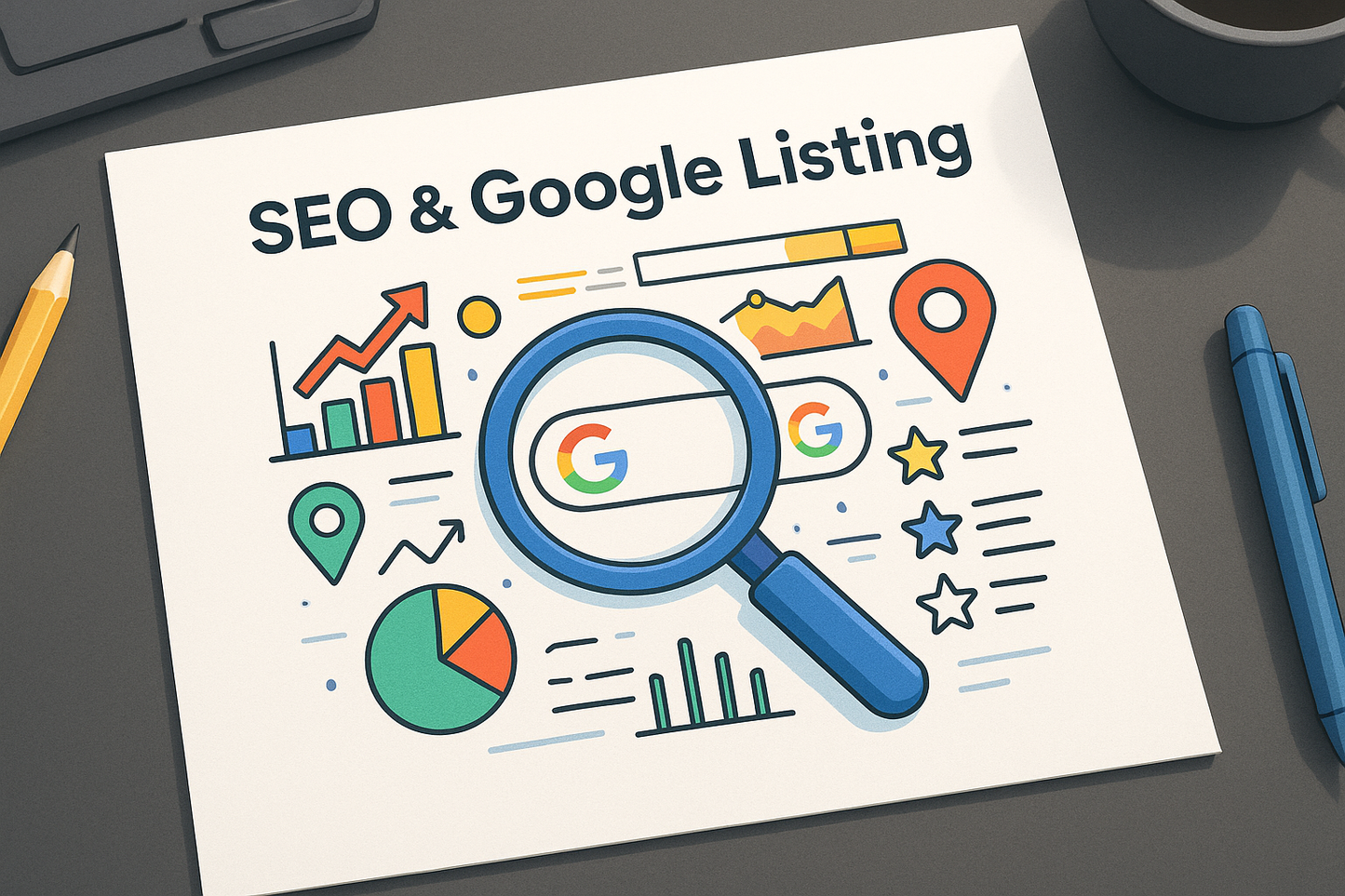 High-quality digital illustration for SEO & Google Listing service card with Google-style colors