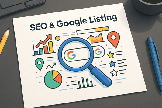 High-quality digital illustration for SEO & Google Listing service card with Google-style colors